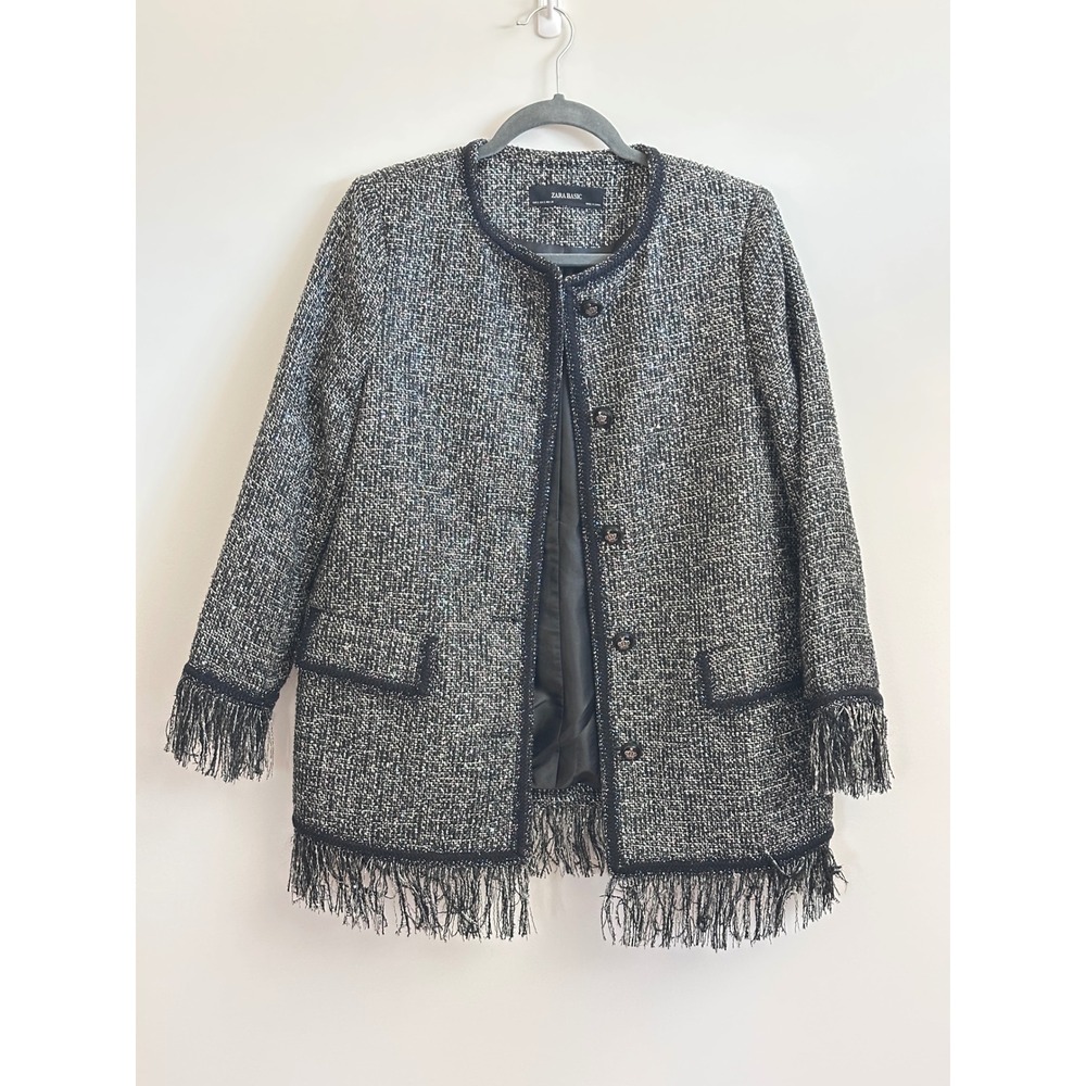 Zara Basic Women Tweed Jacket Silver Black Metallic Fringe Blazer 8073/257 S